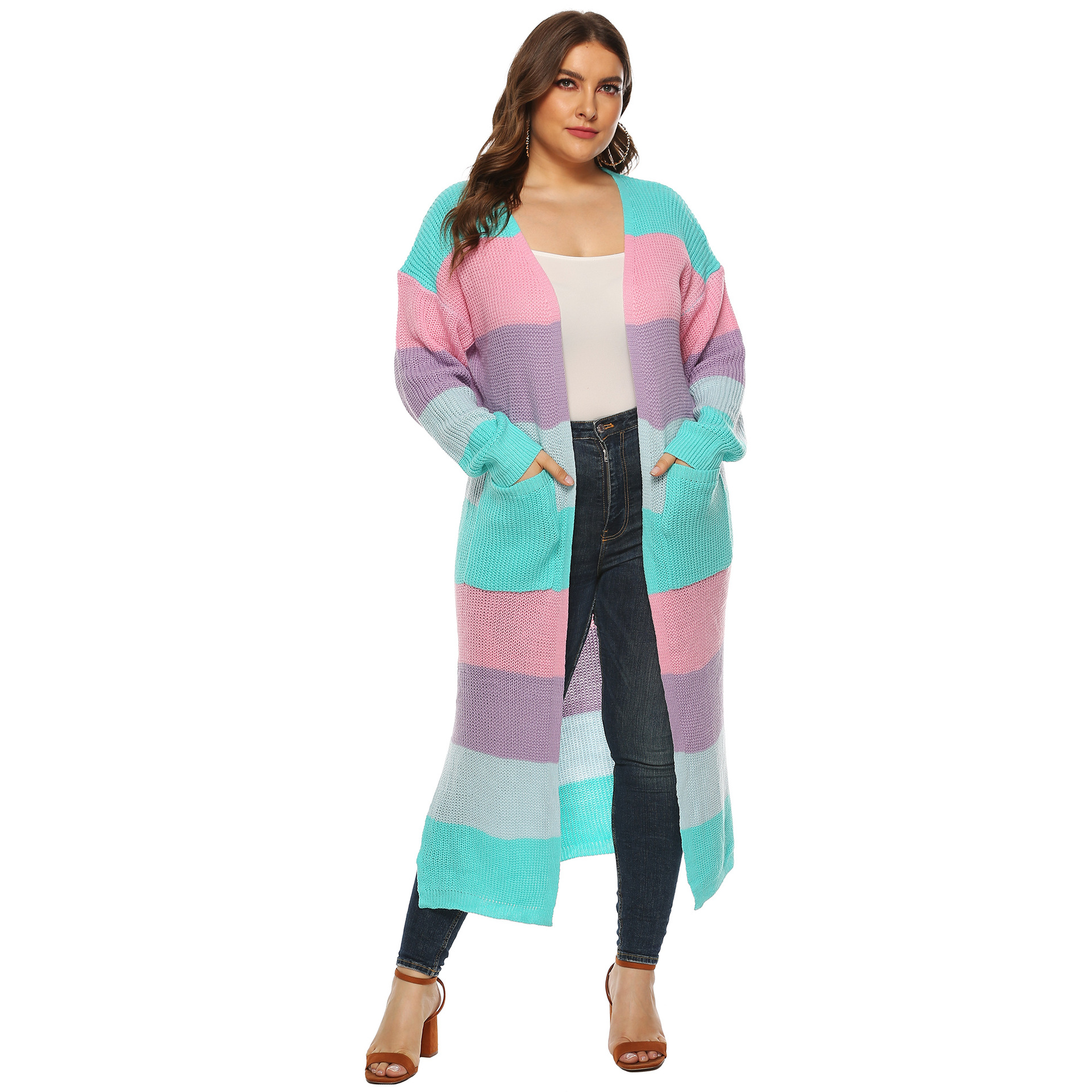 Plus size stitching color knit cardigan NSOY46122