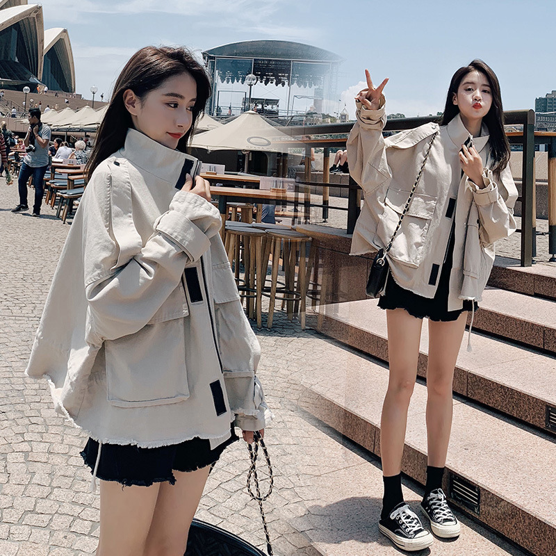 实拍风衣外套女2019新款春装韩版宽松学生网红小个子工装服秋季潮