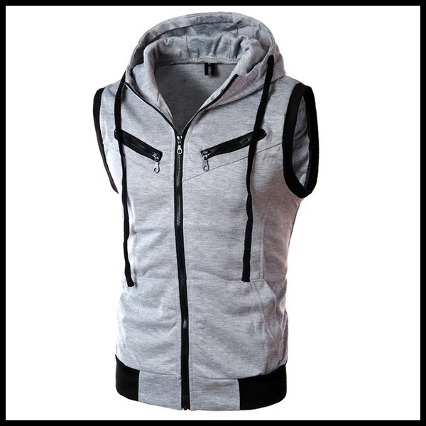 Gilet d'été à capuche sans manches pour hommes, couleur unie, coupe cintrée décontractée, WZ10A_voghion.com