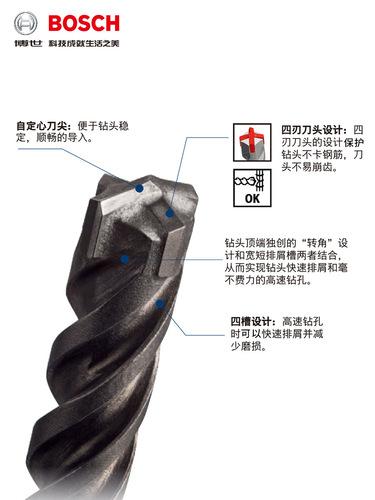 Bosch four-pit electric hammer drill bit 5 series four-edged round handle can drill steel through the wall concrete square handle square four-pit