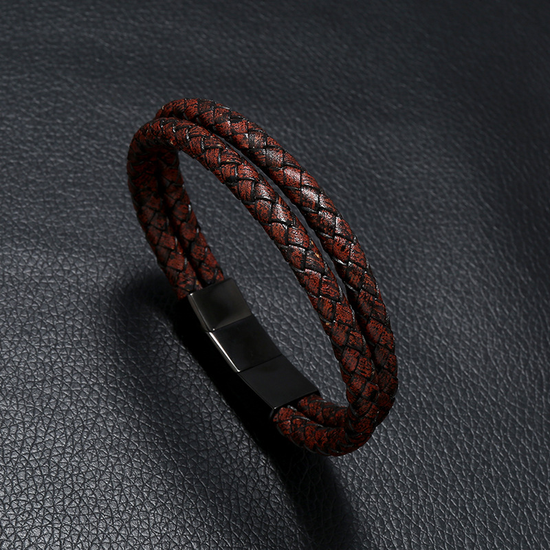 Simple Creative Woven Stainless Steel Men&#39;s Pu Leather Bracelet display picture 5