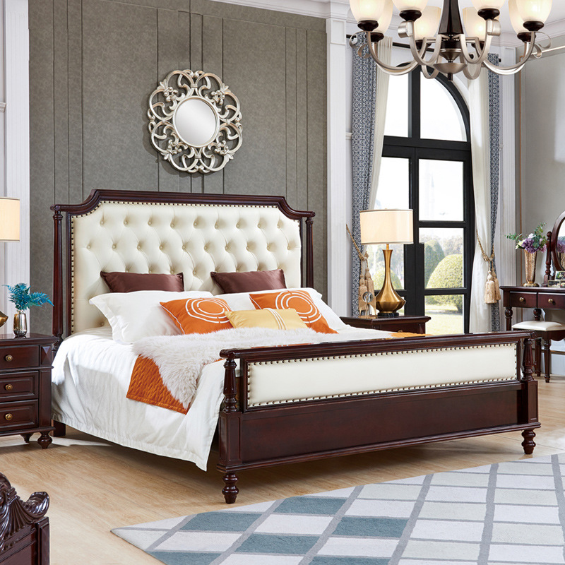 American style White wax solid wood Double bed 1.8 Big bed Master Bedroom Leather Bed marry