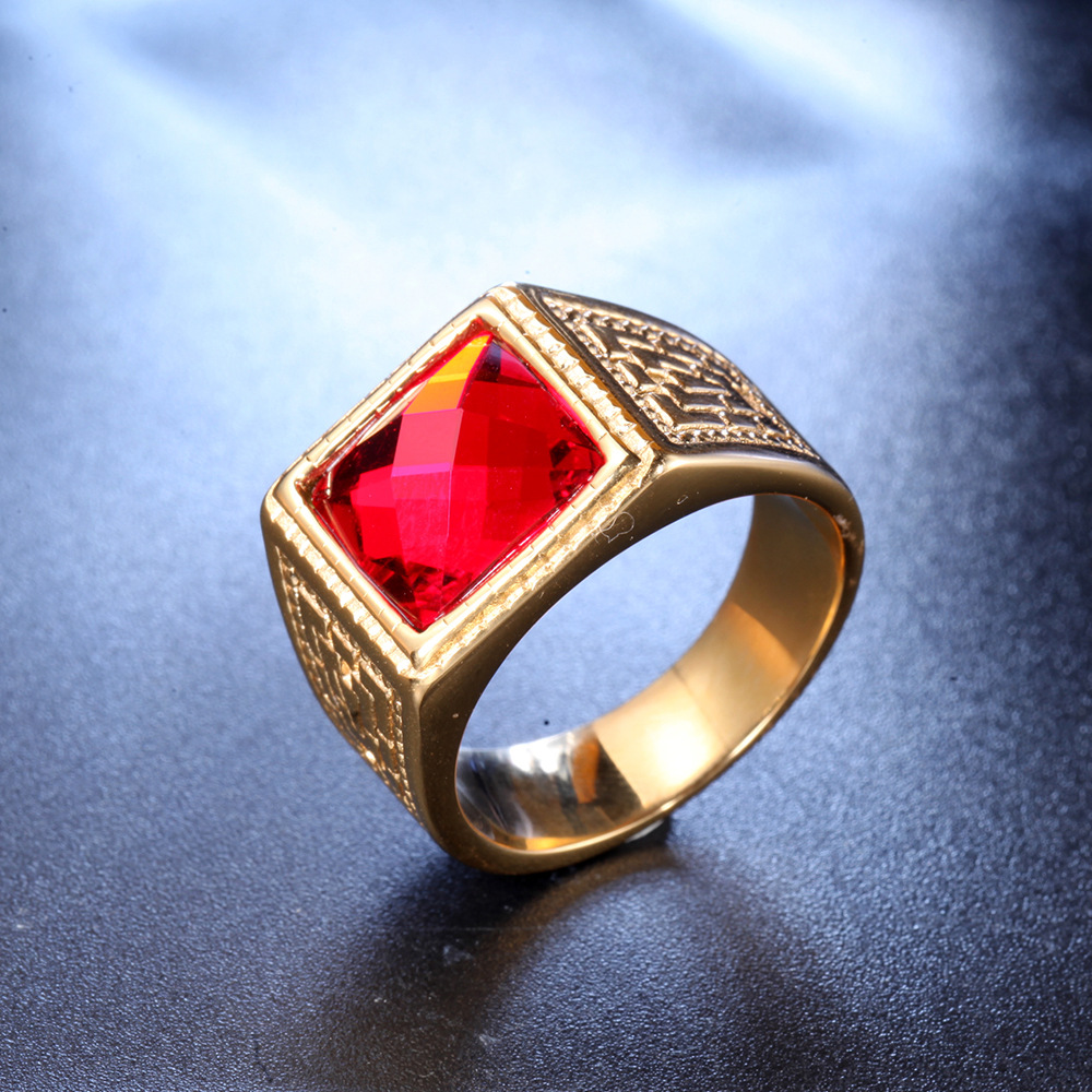 20g Weight Vacuum Plating Gold Plating Process Retro Geometric Titanium Steel Inlay Rhinestones Polishing Men'S Rings