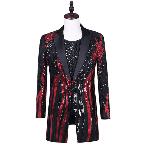 Men's youth rapper singer host stage performance black red sequin long dress suits glitter leaves host long coats singer actor male night bar stage DJ performance suits for male