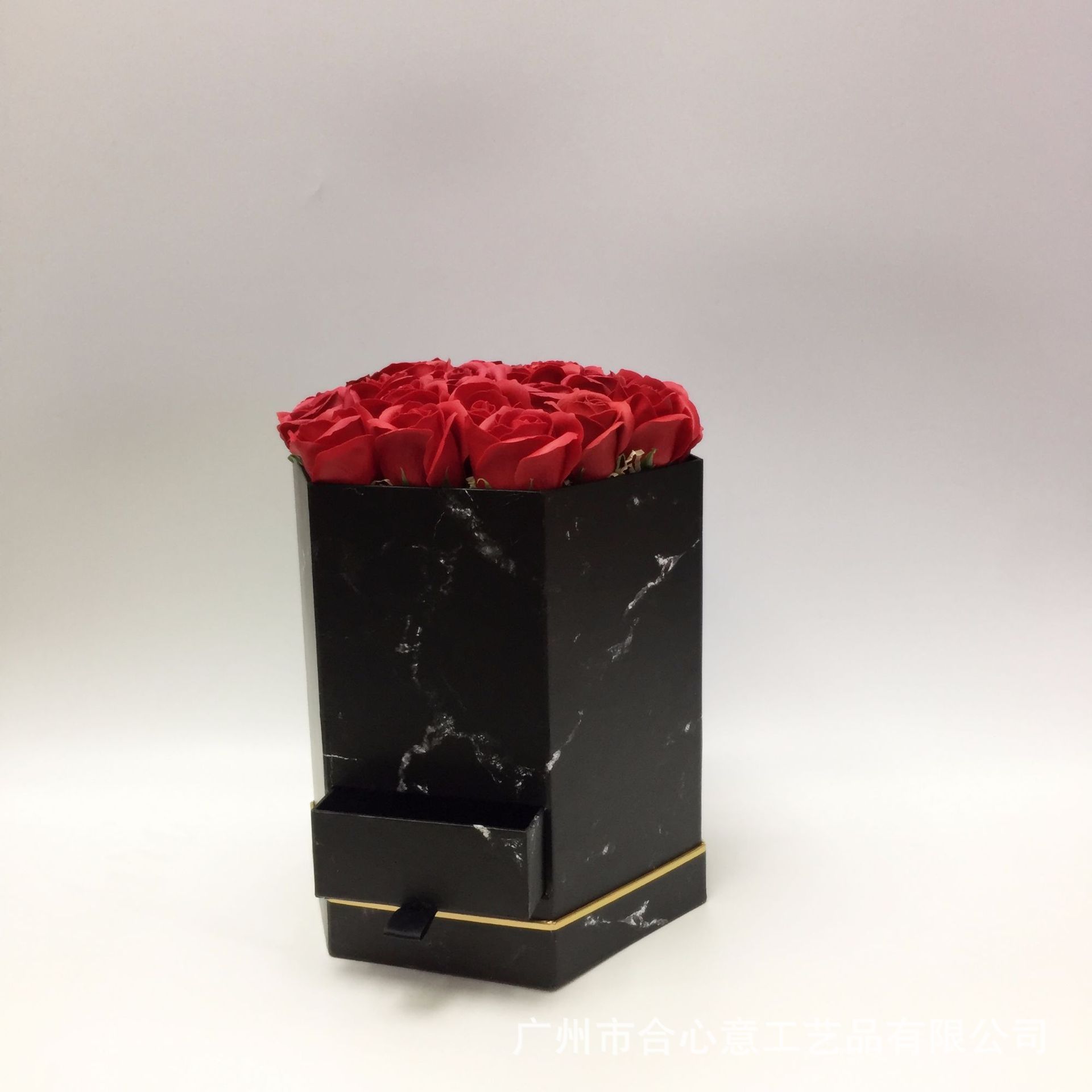 合心意 现货 大理石纹八角形抽屉盒 手提手捧鲜花礼盒 花桶抱抱桶