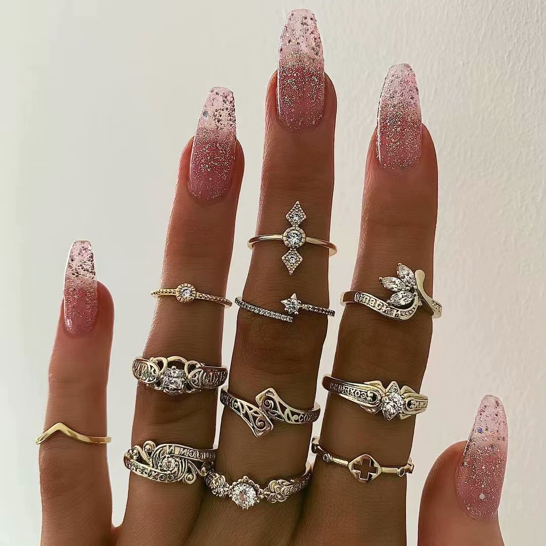 欧美跨境新款饰品 时尚镶钻水滴花朵缕空组合11件套戒指