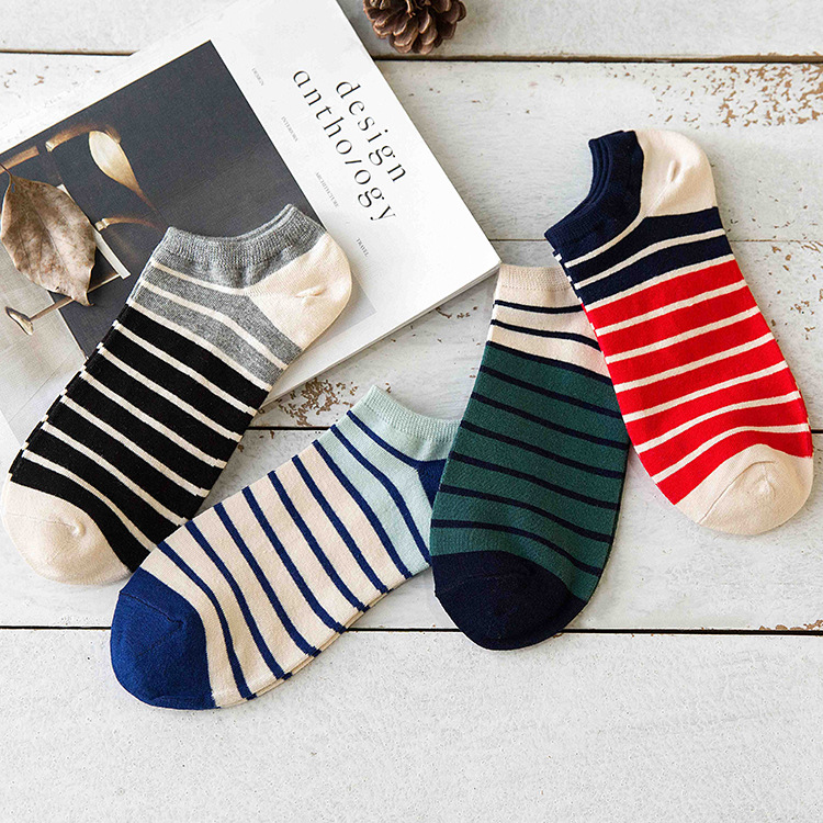 春夏新款男士横条纹船袜休闲提花男袜透气吸汗棉质袜子男女短棉袜