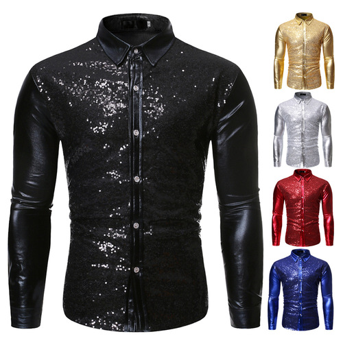 Silver gold  blue red jazz dance shirts for men youth Paragraph clubwear choir host singers groomsmen dress suit shirt young man glitter bronzing dancing dress shirt