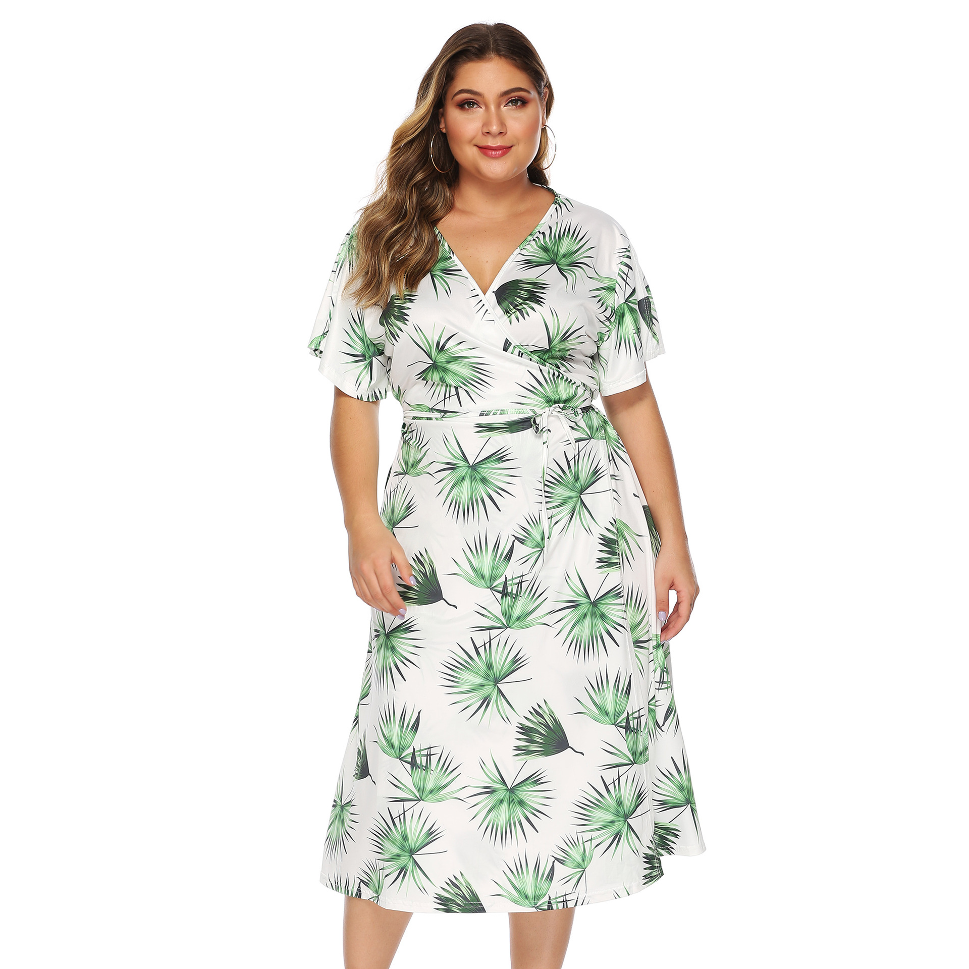 plus size print lace-up V-neck short-sleeveddress NSOY125386