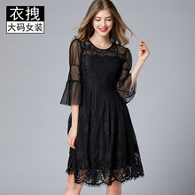 黑色气质连衣裙 品牌折扣秋装新款网纱喇叭袖蕾丝拼接A摆裙