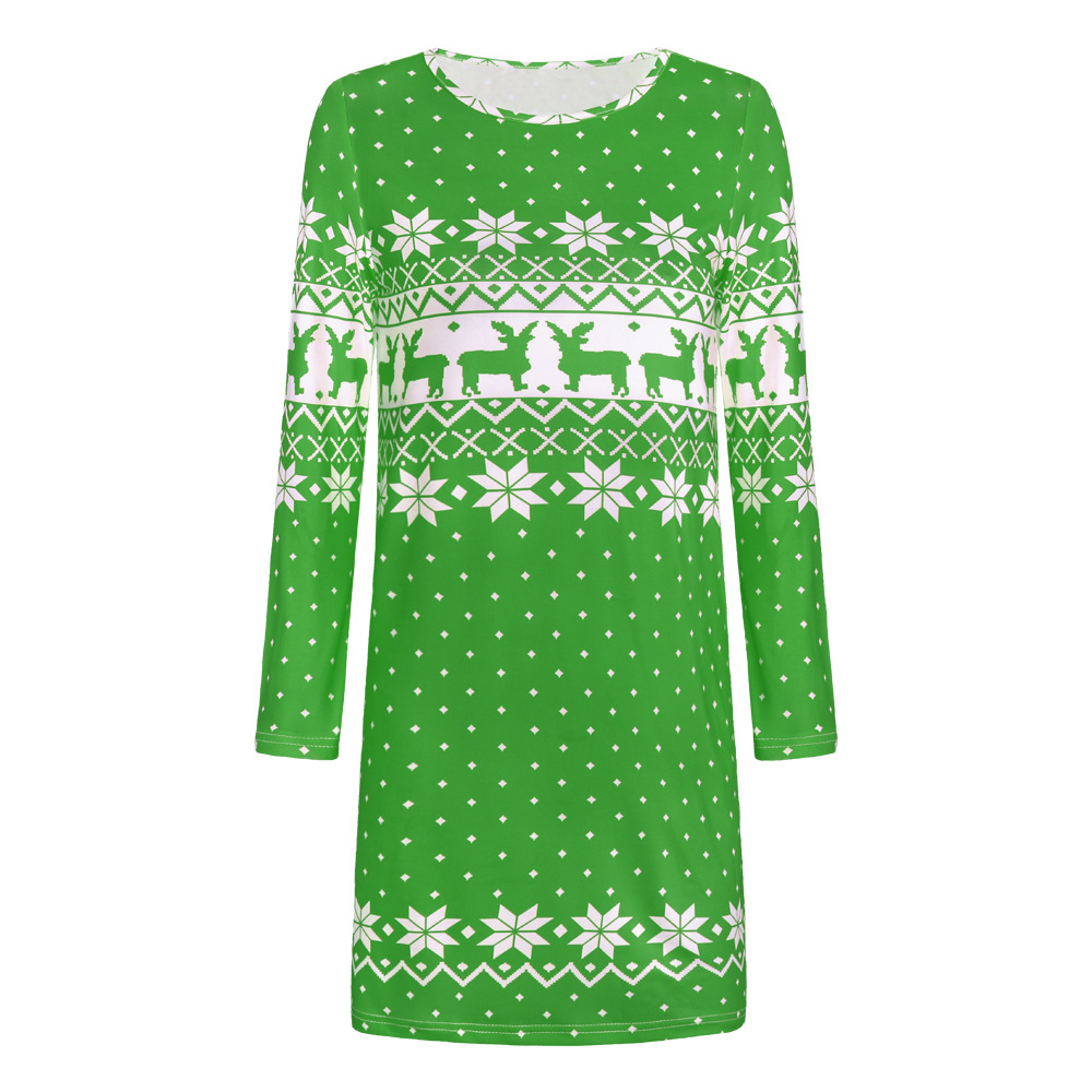 women s Christmas print round neck long sleeve dress nihaostyles clothing wholesale NSHYG72682