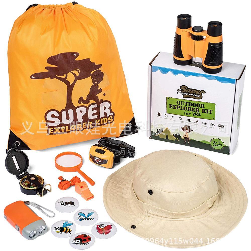 儿童探险套装工具，儿童望远镜，手电筒，昆虫，指南针和帽子