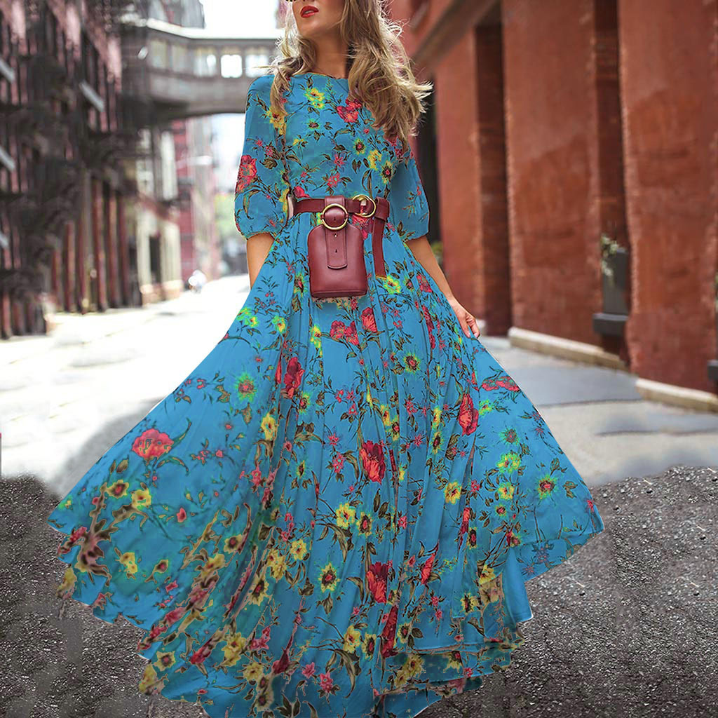 Robe ceinture transfrontalière à imprimés européens et américains, style bohème, col rond, manches trois-quarts, jupe longue._voghion.com