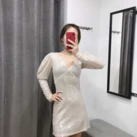 秋冬新款欧美女装时尚纯色V领珠片蓬蓬长袖连衣裙短裙S8050