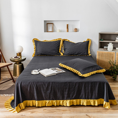 贡棉百褶宽边全棉活性斜纹纯色床单纯棉印花床罩子枕套可拼套件