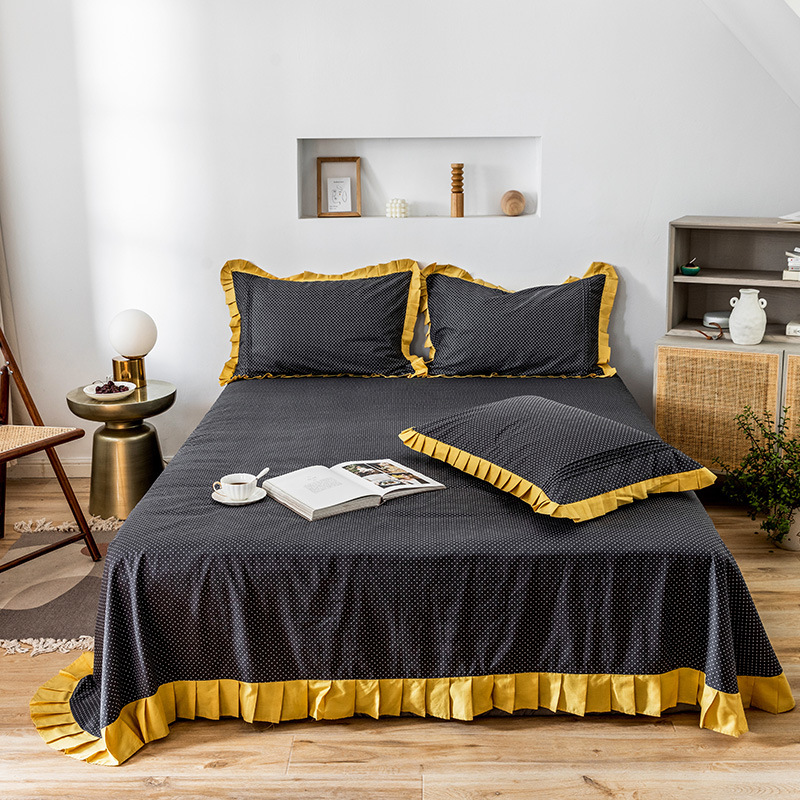 贡棉百褶宽边全棉活性斜纹纯色床单纯棉印花床罩子枕套可拼套件