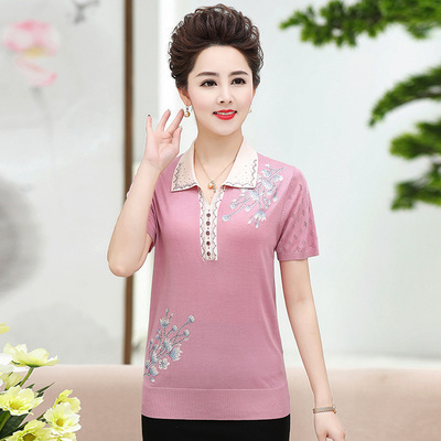 Middle and old age Summer wear knitting Thin section Short sleeved 2020 new pattern 40-50 Mom outfit Borneol Lapel Mother's Day