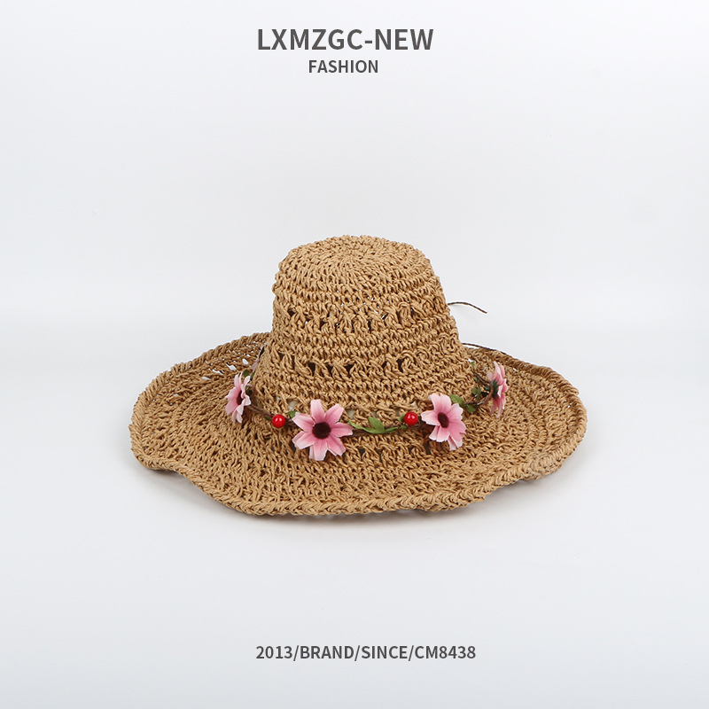 Chapeau De Paille Crocheté À La Main Pur Crème Solaire À Fleurs Pliable De Style Coréen display picture 2