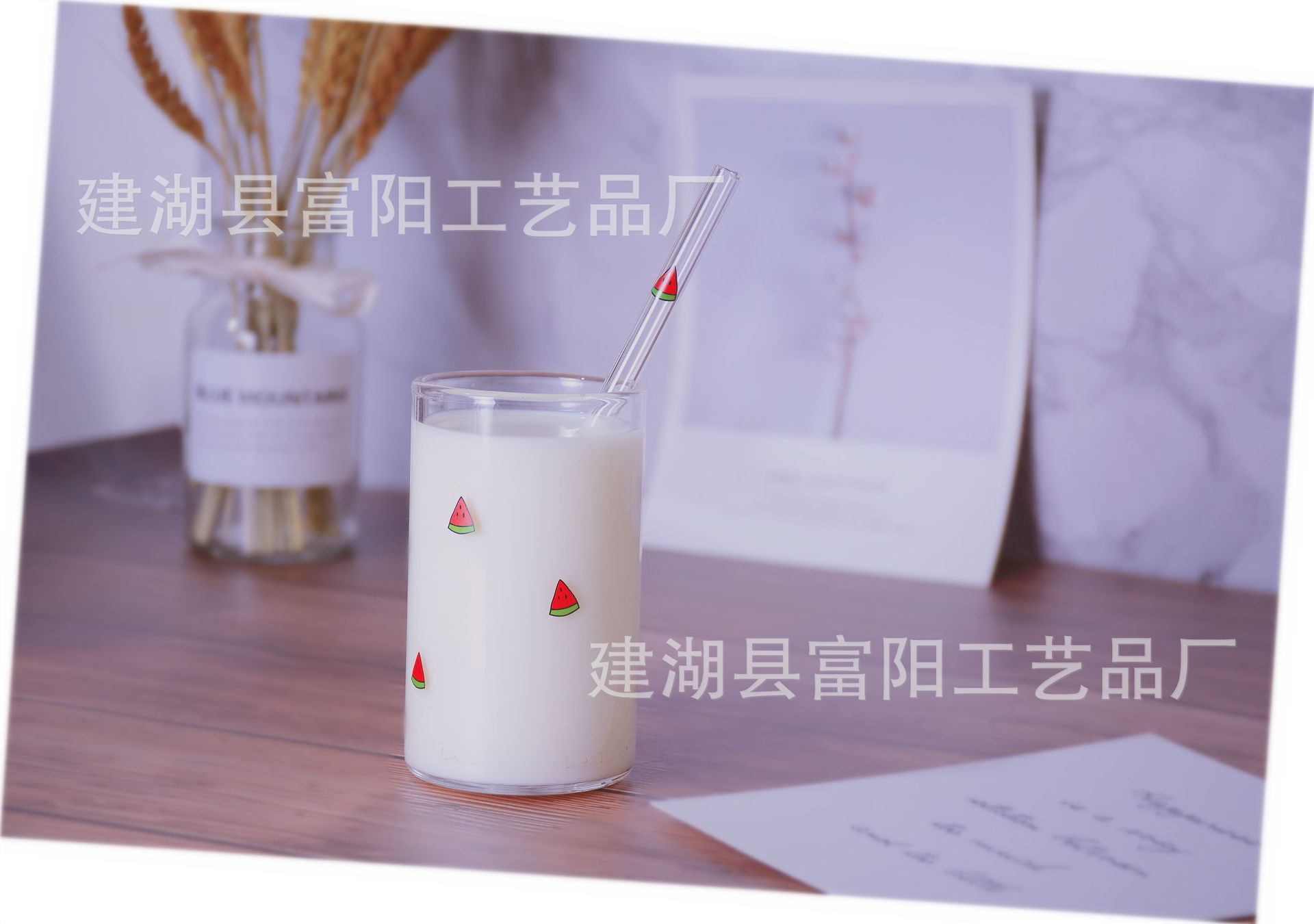 Lindo ins estilo chica corazón calefacción borosilicato resistente al calor transparente fresa impreso leche jugo vidrio paja taza