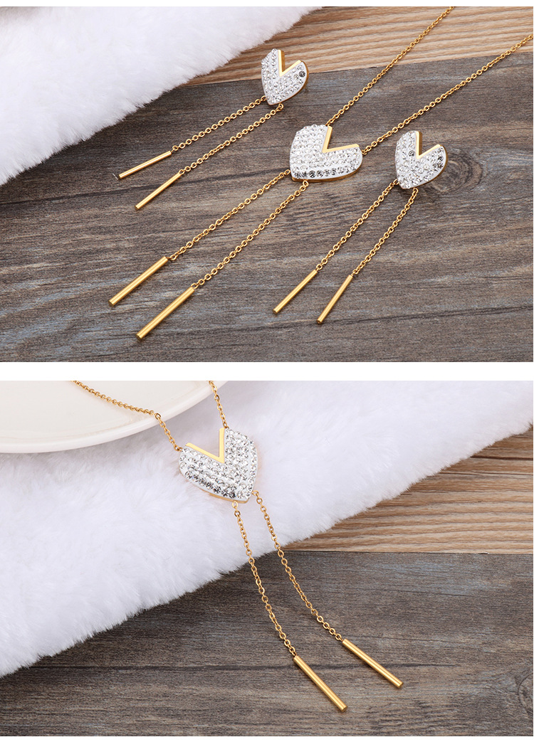 Stainless Steel Jewelry New Creative Heart-shaped Diamond Long Tassel Necklace Earrings Suit display picture 4