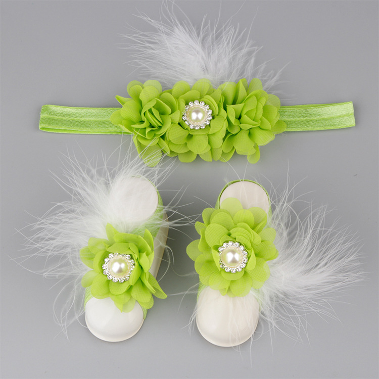 Europäisches Und Amerikanisches Baby Mini Chiffon Blumen Kopf Blume Fuß Blume Set Neugeborenes Baby Feder Fuß Gürtel Einfarbige Kopf Fuß Abdeckung display picture 5