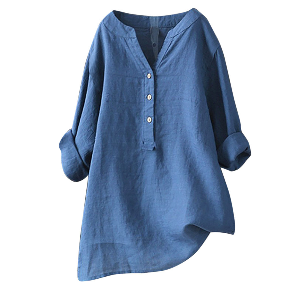 Spring Women Loose Blouses Shirt Solid Ladies Linen Cotton Long Sleeve Button Casual Shirt