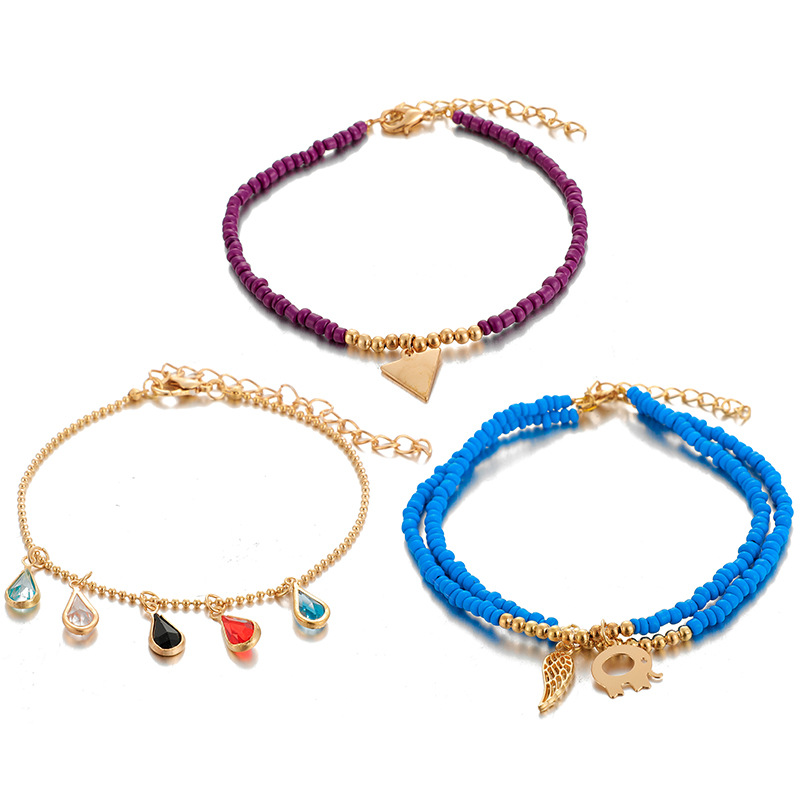 Diamond Beaded Leaf Triangular Elephant Tassel Anklet 3-Piece Set wholesales fashion