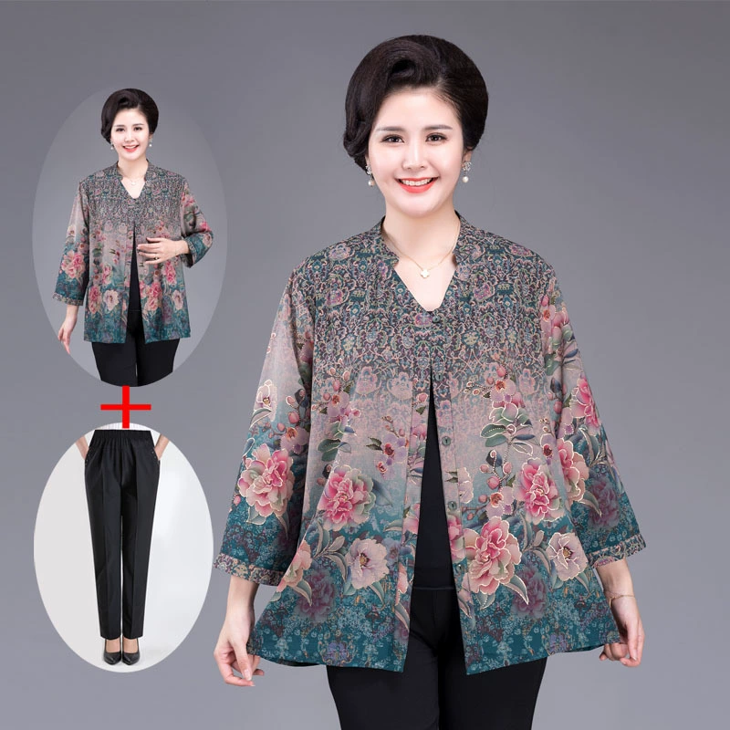 Платье для бабушки, летнее платье, рубашка с вертикальным воротником, платье для женщин среднего и пожилого возраста, весеннее платье, топ для мамы, платье для пожилых людей, рукав из девяти точек, 2020