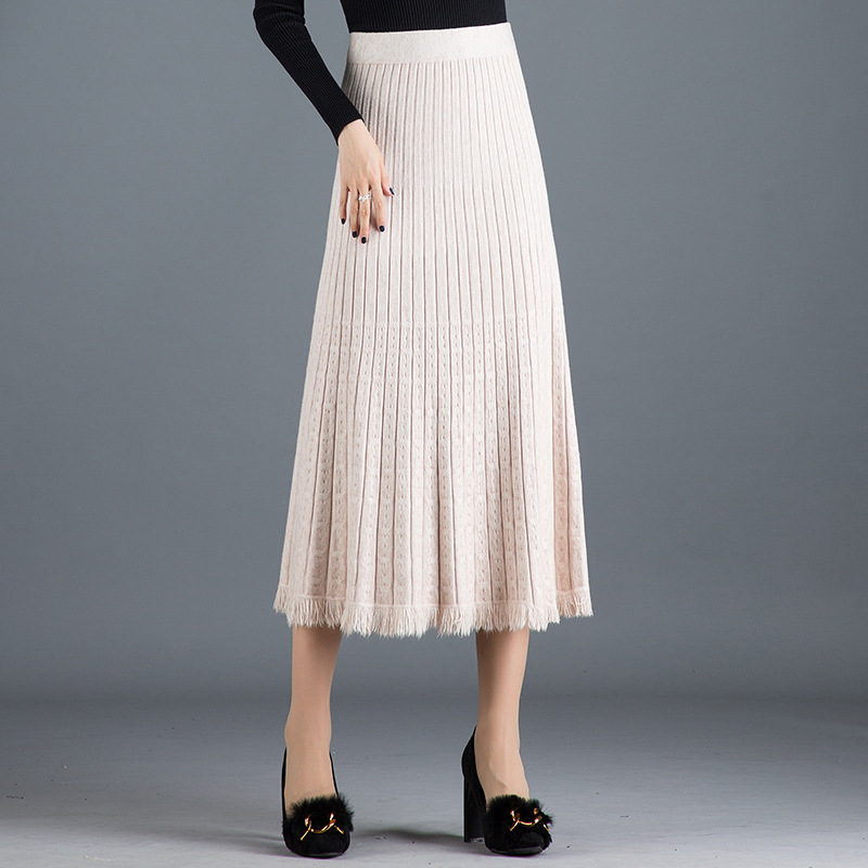 加厚针织半身裙女秋冬2023新款中长款显瘦大摆冬裙流苏毛线裙批发