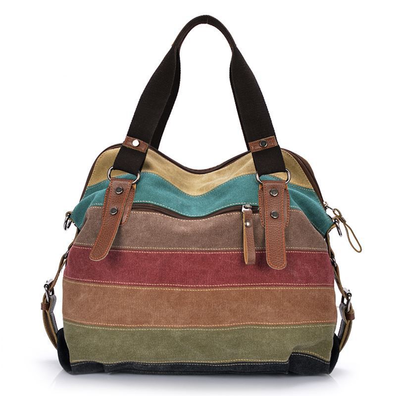 2024 New Rainbow Striped Fashion Splicing Women's Washable Canvas Shoulder Bag_voghion.com