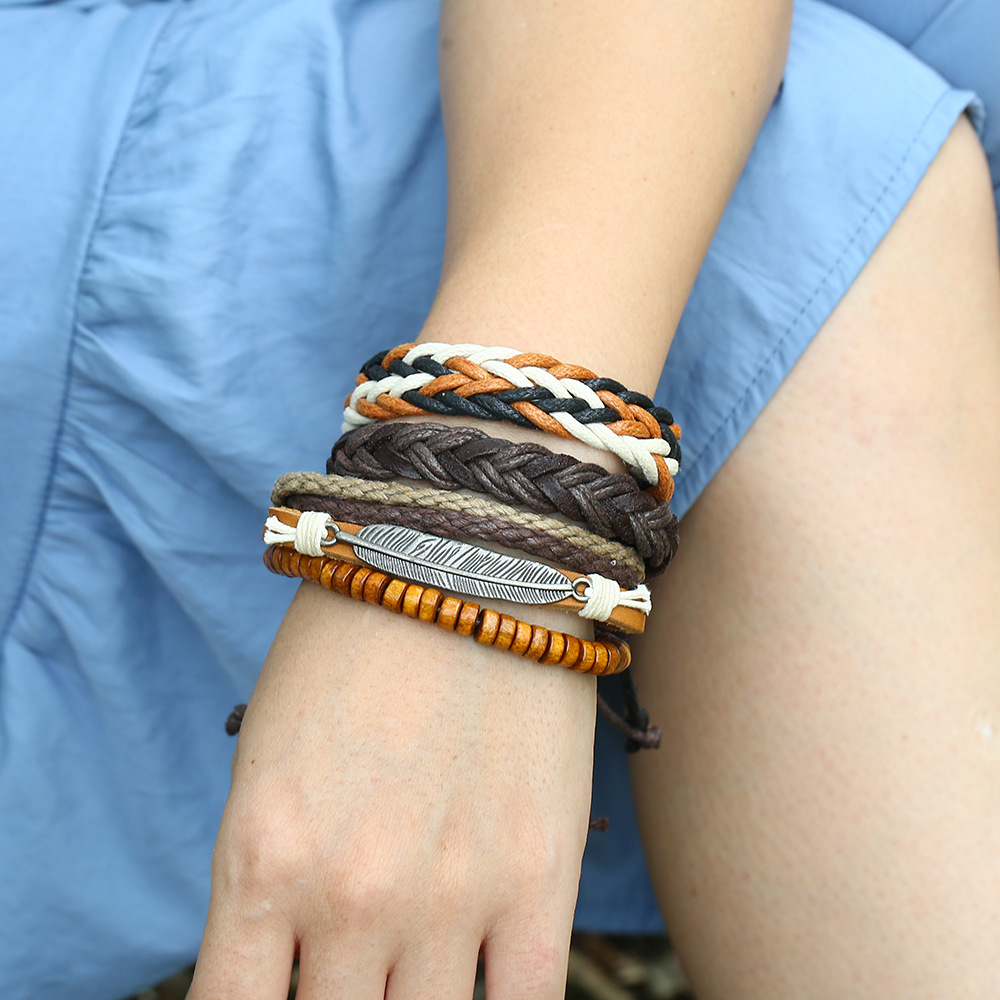 New retro woven leather bracelet simple diy multiple combination three-piece leather bracelet