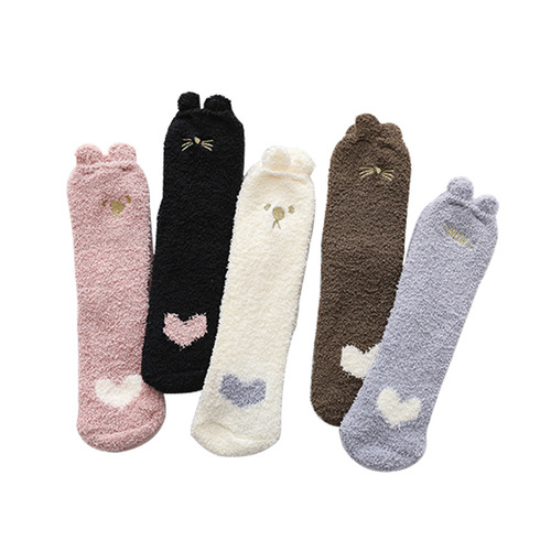 Autumn and winter coral velvet socks women's socks winter plus velvet thickened warm sleep socks embroidered cat paw socks floor socks