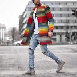 2019跨境时尚男士七色彩虹条纹修身中长款单排扣呢子风衣轻奢潮流