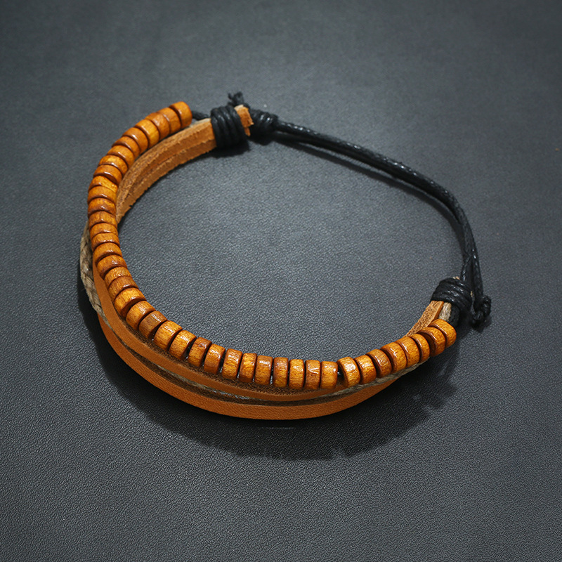 Vintage Multi-layer Cowhide Bracelet New Wooden Bead Bracelet Simple Bracelet Bracelet Wholesale