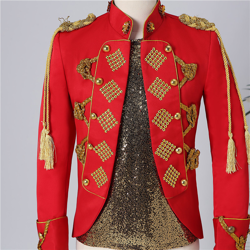 Men jazz dance jacket red white European court drama film cosplay jacket for young man youth embroidery jacket singer host wedding party dresses men coats