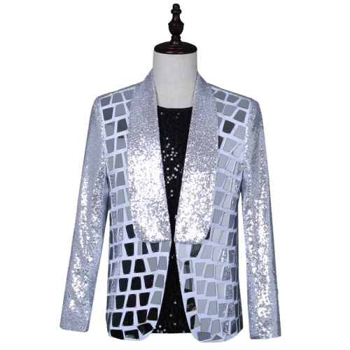 Men youth jazz dance white silver coats gogo dancers singer lens  jacket lapel collar male singer banquet guests host chorus pianist music production sequins dress suit