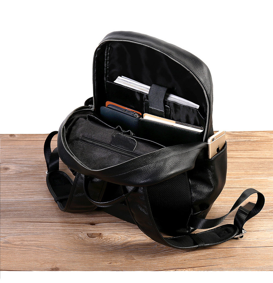 Ba lô nam da bò thật 15.6 inch chống nước, túi đeo vai du lịch đựng laptop 43×30×18 cm — Màu đen chi tiết 8
