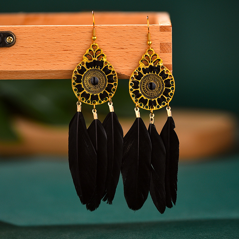 Retro Round Wire Feather Long Tassel Earrings Wholesale display picture 5