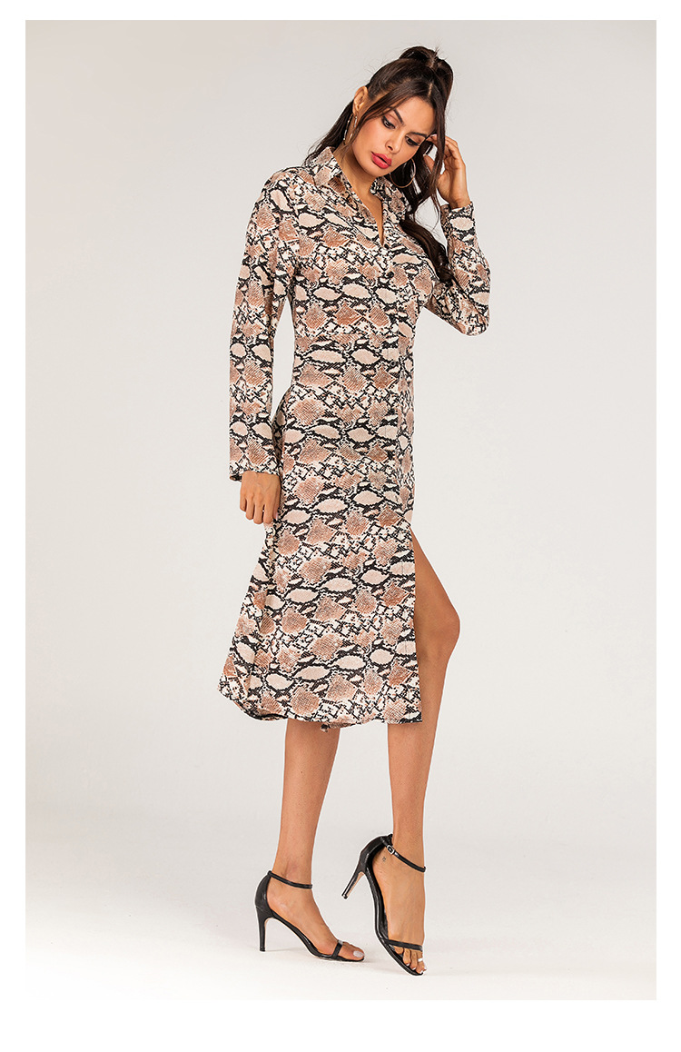 wholesale women s clothing Nihaostyles Lapel Snakeskin Pattern Long Casual Printed Dress NSJR66106