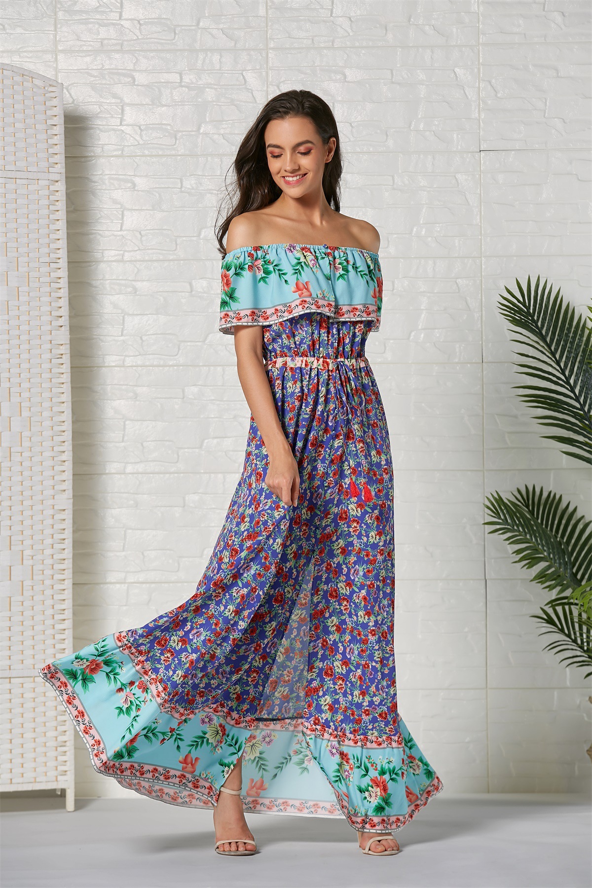 bohemian off-shoulder ruffle print long dress  NSSE53380