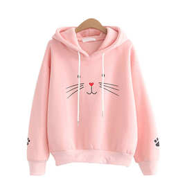 加绒卫衣女学生早秋韩版刺绣宽松套头猫脸连帽卫衣班服百搭闺蜜装