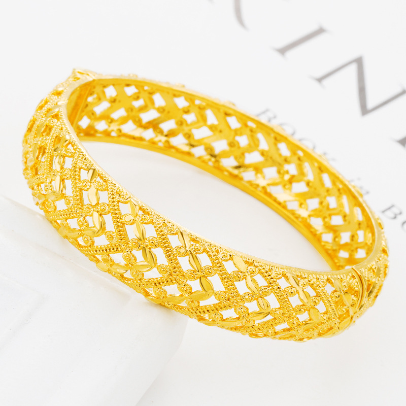Nuevo hueco cloisonne oro pulsera abierta mujer imitación 999 oro joyería de la boda cara ancha hebilla pulsera al por mayor