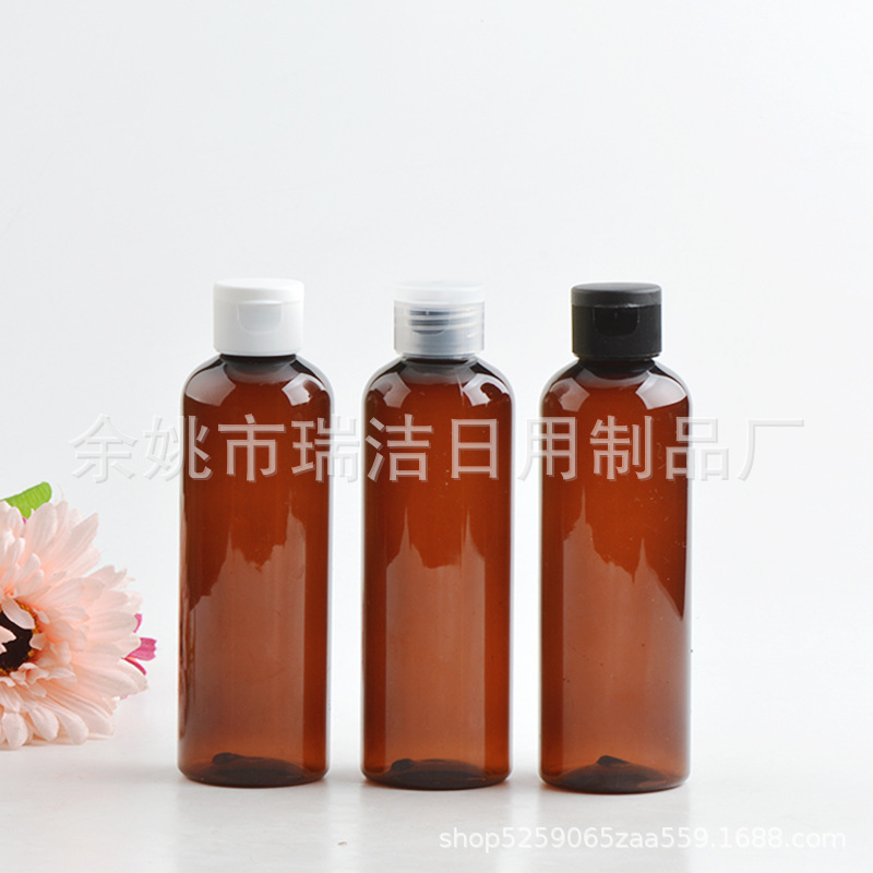 厂家批发200ml化妆品洁面乳分装瓶试用装瓶翻盖棕色圆肩瓶PET包材