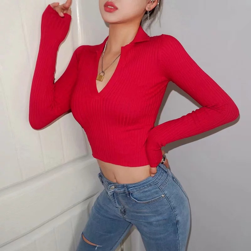 women s fall new lapel slim short sweater NSAC14347