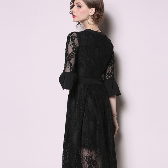 Round neck lace up trumpet sleeve temperament Knee High Black Lace cut dress