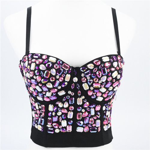 Women's Diamond bling jazz dance bra tops Colorful jewel sling top with sexy off shoulder nail beads bra pad vest