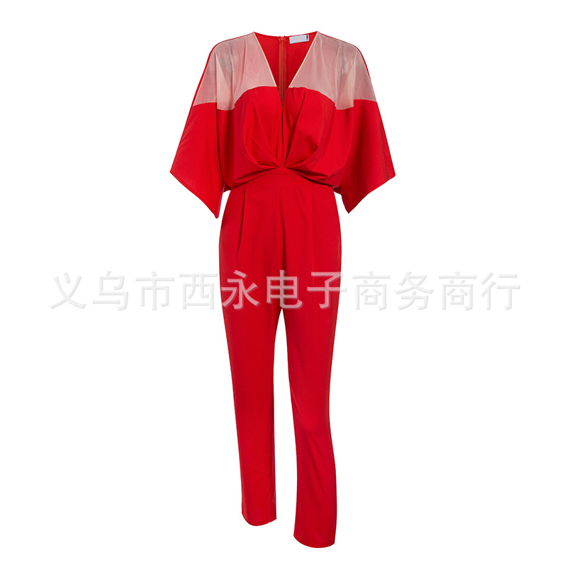 2020 Autumn New Sexy Wrap Chest Tube Top Jumpsuit Red Pants Overalls High Waist Casual Stitching Trousers