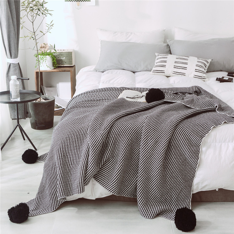 Lehká luxusní severská jednoduchá celobavlněná černá keprová deka do hotelové ložnice, vlněná deka, povlečení_voghion.com