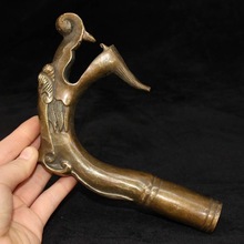古玩杂项收藏仿古做旧黄铜铜器兽头拐杖头 收藏物件