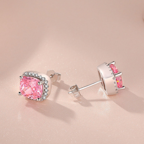 ED043 White Copper Gold Plated Silver Earrings Women's Earrings Square Diamond Color Yellow Pink Simulated Diamond Earrings